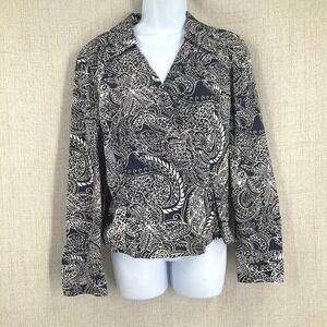 Talbots Collection Top Womens 12 Navy Blue Cotton Paisley Ornate Zip Classic Vtg